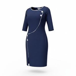NWT Oklich Navy Blue Midi Dress White Trim Faux Wrap 3/4 Sleeve Size L